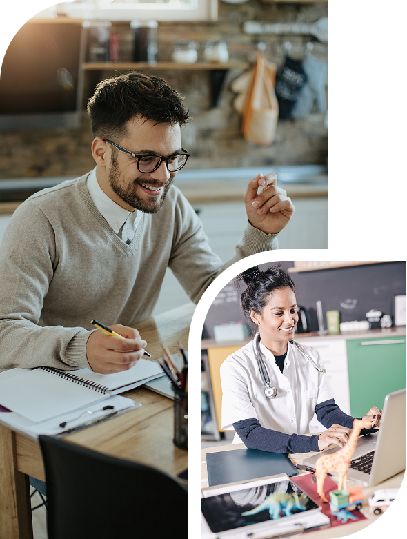 Man writing, woman doctor video conferencing.