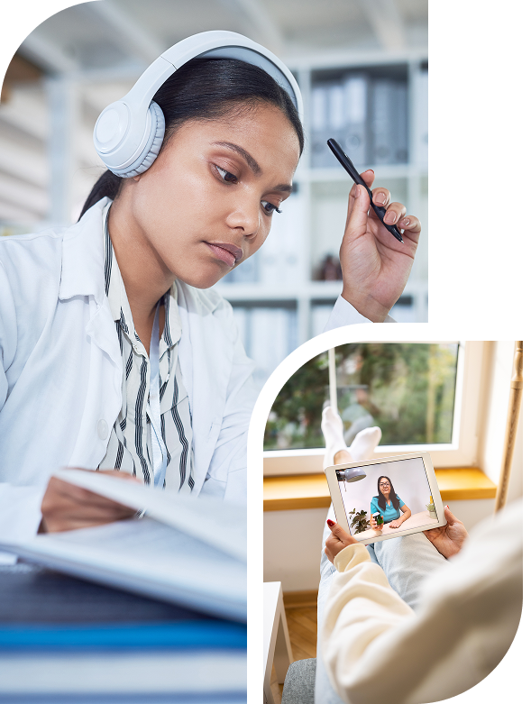 Woman studying and video chatting on tablet.